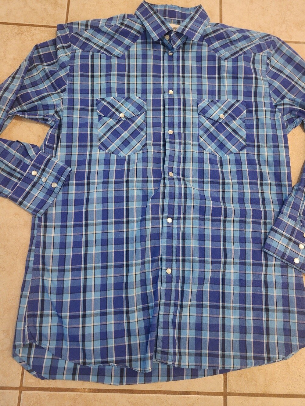 Men's John Blair Blue Plaid Button-Up Front Western Pearl Snap Shirt Large Tall